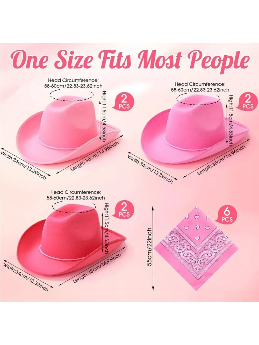 Men's Mixed Pink Bandanas Bulk Adjustable Felt Western Cowboy Cowgirl Hat 12 Pcs
